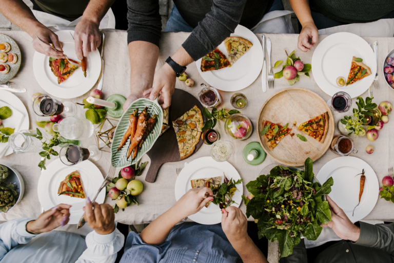 Birds eye view of a busy dinner table