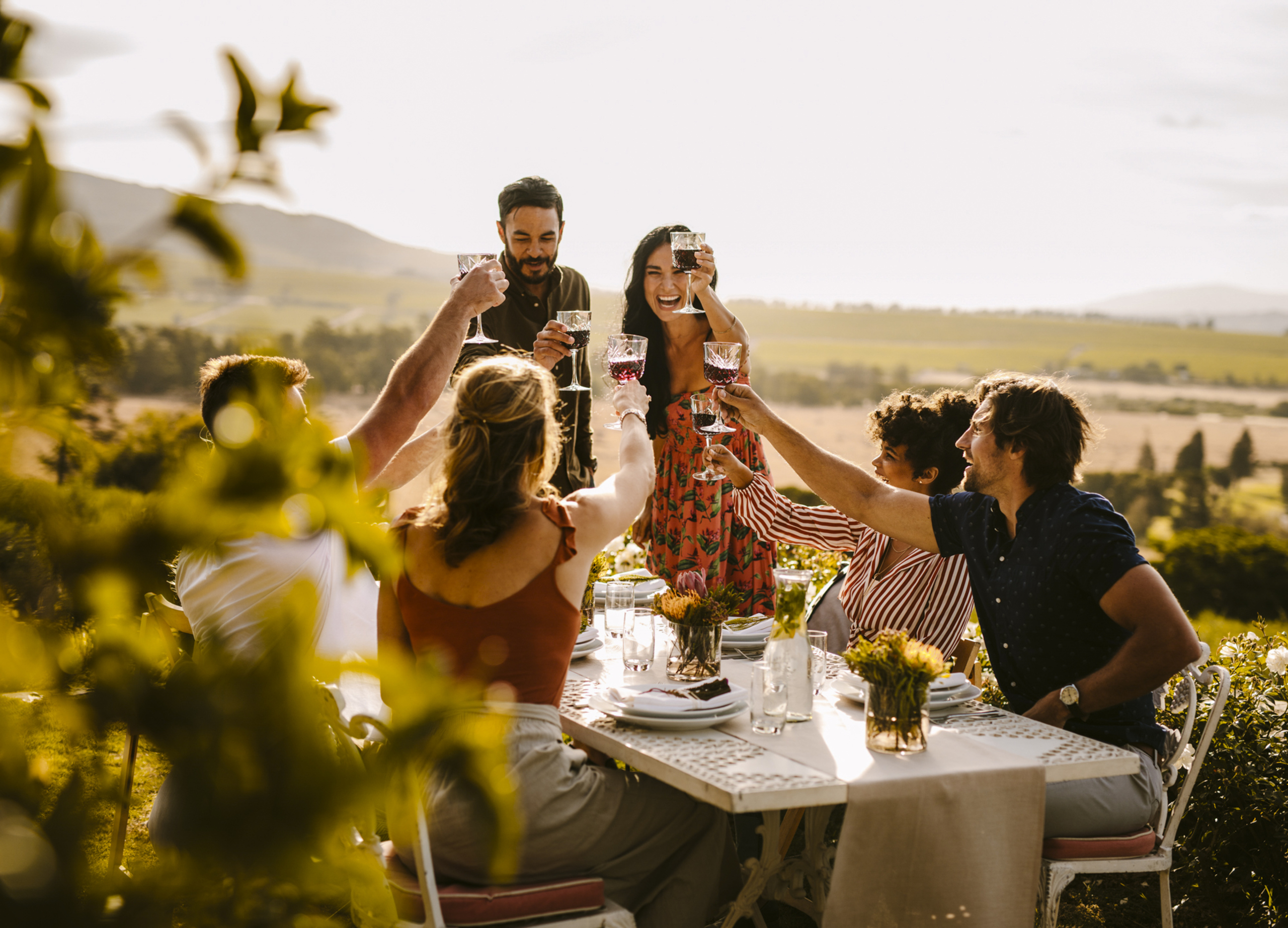 Group of friends eat al fresco in the countryside